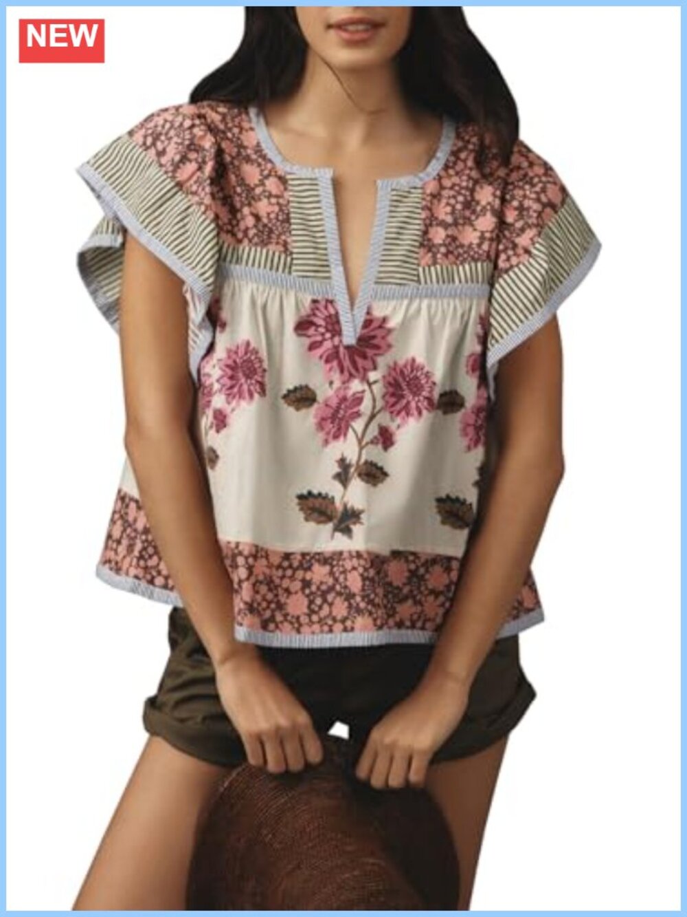 Womens Floral Boho Flutter Sleeve Babydoll Blouse Cotton Polyester